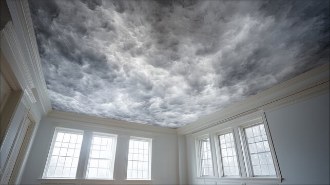 Interior ceiling with smoke stain pattern spreading outward, multiple windows and crown molding indicating fire damage restoration scenario.