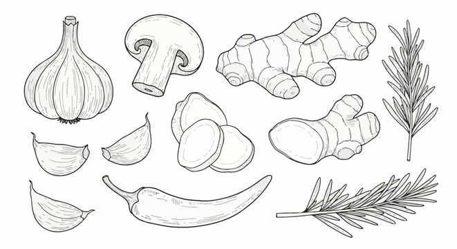 Hand-drawn collection of kitchen ingredients including a whole garlic bulb, individual cloves, sliced button mushroom, fresh ginger root, sliced ginger, a chili pepper, and rosemary sprigs.