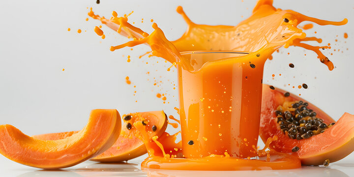 Orange juice splashes from a glass beside sliced fresh papaya fruit.