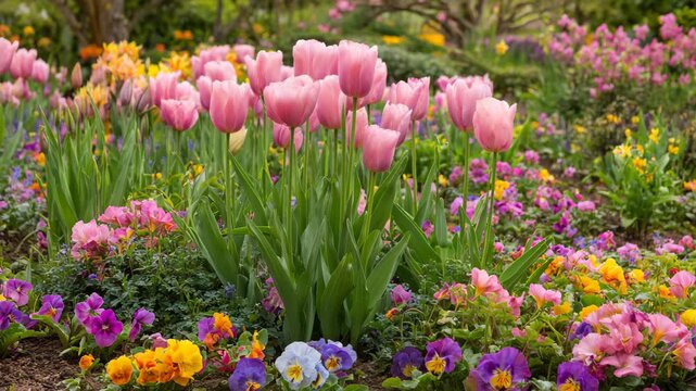 Tulips flowers pink garden spring bloom flowerbed outdoors colorful blossoms