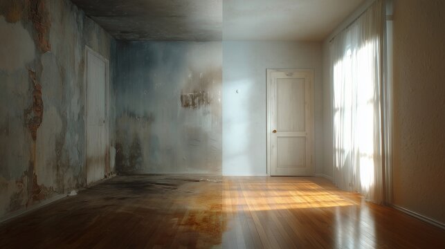 Empty sunlit room with smoke-stained wall and peeling plaster showing fire damage, conveys smoke odor, soot residue, and need for restoration cleaning service.