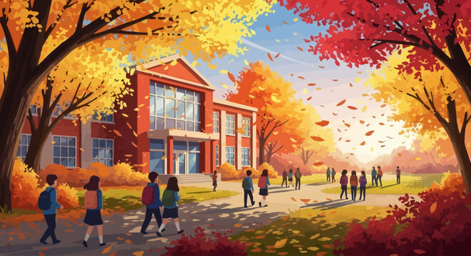 Diverse students walking to university campus in autumn with colorful fall foliage and warm sunlight