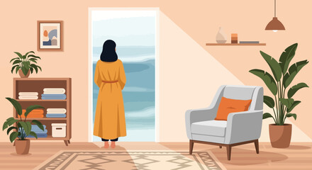 A woman in an orange robe stands facing an open doorway revealing a serene ocean view © grvect02