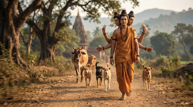 Dattatreya deity digital artwork walking on village path used for spiritual posters and rural devotional storytelling design isolated background wallpaper