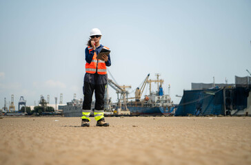 Naklejka premium Female engineers in safety gear walk beside the water at a port
