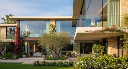 Fototapeta premium Architectural masterpiece an ultra-realistic view of a contemporary luxury home featuring vast glass panels, natural stone details, and a lush, manicured garden