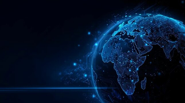 YouTube channel banner design for Super Intelligence Agency, horizontal composition, 16:9 aspect ratio. Left side: glowing blue digital Earth globe rendered with circuit board patterns across the cont