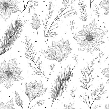 Christmas botanical seamless pattern with line art flowers. Delicate hand-drawn floral elements creating a repetitive winter season design