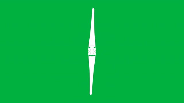 A minimalistic design featuring a white symmetrical shape centered on a vibrant green background