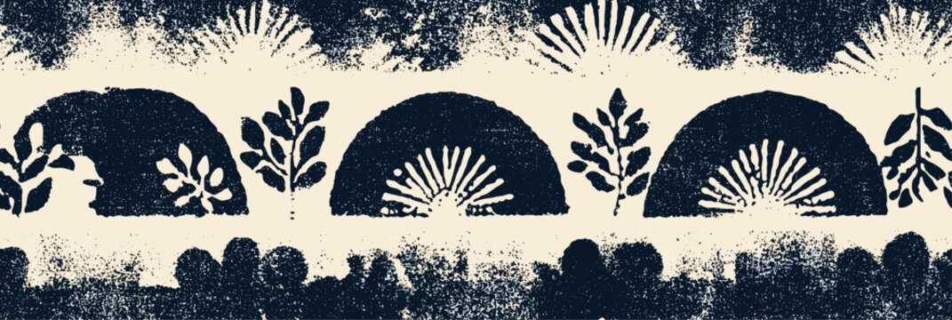 Japanese katazome style abstract block print pattern. Japanese katazome style block print pattern in navy on textured off-white background