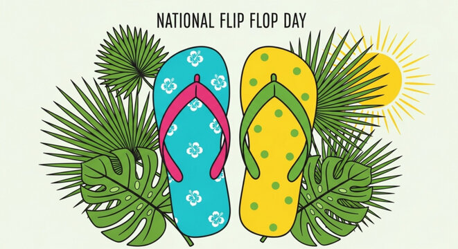Colorful flip flops with tropical leaves and sunshine celebrating national flip flop day in a vibrant summer setting