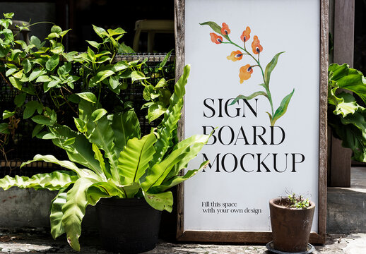 Outdoor Signboard Mockup With Plants PSD