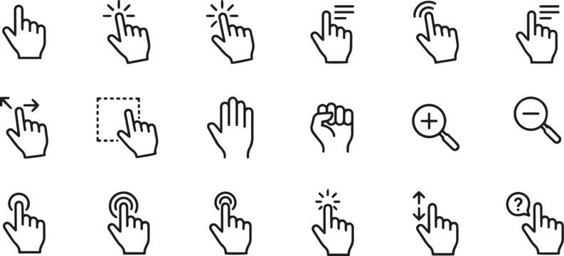 Collection of black and white hand cursor icons for user interface design