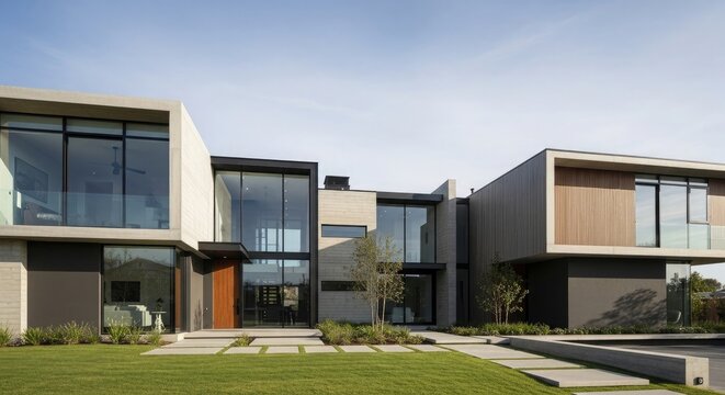Contemporary luxury home exterior with sleek architectural design, expansive glass windows, and a manicured lawn, ideal for modern upscale living and impressive curb appeal