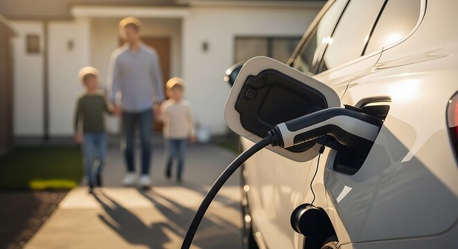 Electric car charging at home with family in background.
