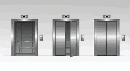 A grayscale illustration depicts three identical elevator doors in a minimalist architectural setting © grvect02