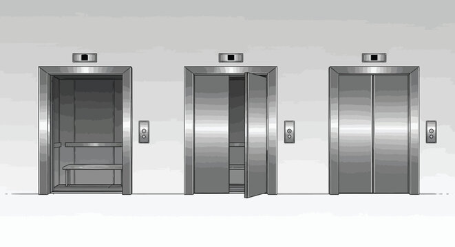 A grayscale illustration depicts three identical elevator doors in a minimalist architectural setting