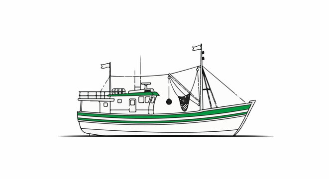 Stylized illustration of a white fishing trawler with green accents on water