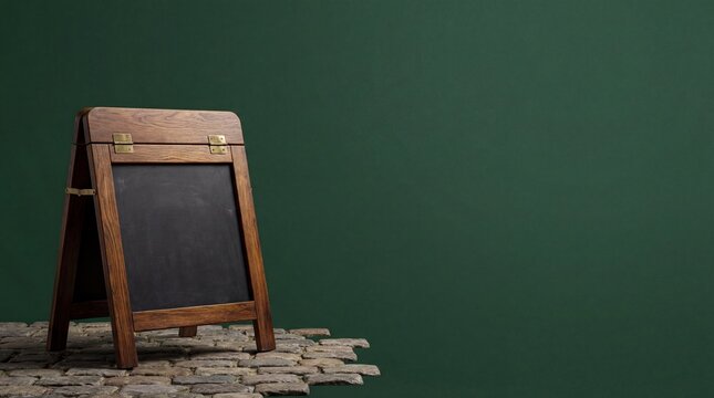 Wooden chalkboard sign on a cobblestone floor against a dark green wall