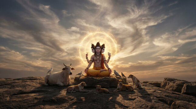Dattatreya deity digital artwork with halo seated on rocky outcrop used for spiritual posters and devotional symbolism isolated background wallpaper