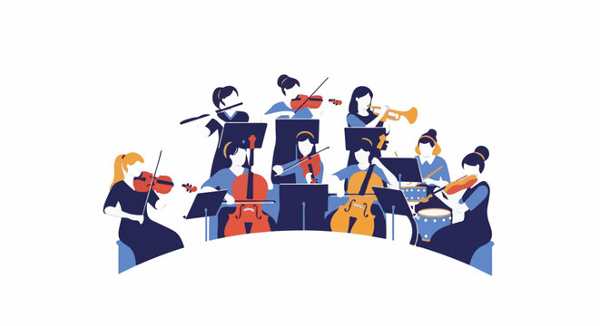 Stylized illustration of an orchestra playing instruments in harmony and unison