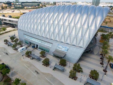 Aerial view of ARTIC, Anaheim Regional Transportation Intermodal Center, in Anaheim, California.