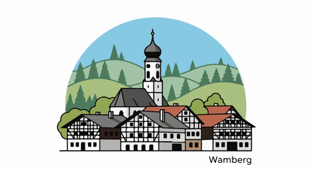 Naklejka premium Charming village with church and timbered houses nestled among rolling green hills