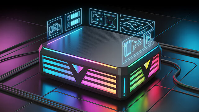 Advanced gaming computer chassis with vibrant rgb lighting and holographic user interface projections.