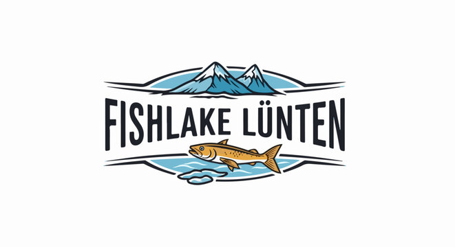 Emblem with mountains, water, and a fish