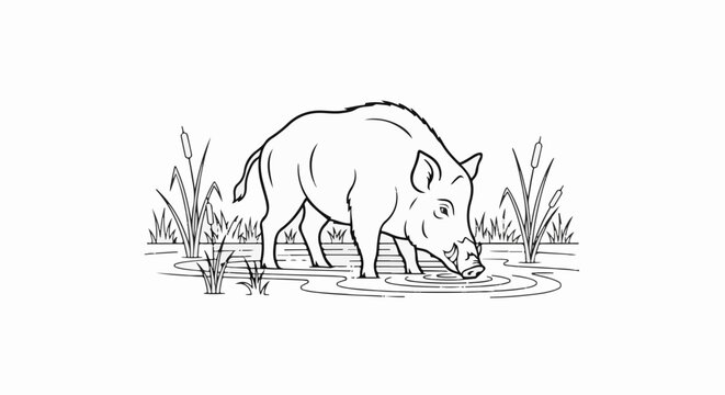 A wild boar drinks from a shallow pool surrounded by reeds