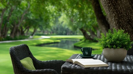 Fototapeta premium Serene Outdoor Reading Area with Cozy Chair, Open Book, Coffee Cup, and Lush Garden View by a Tranquil Stream
