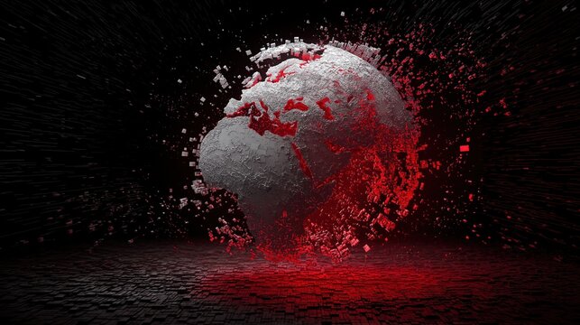 Cinematic 3D visualization of a deconstructed world globe with the Middle East region shattering into glowing red digital pixels and particles, representing geopolitical instability.
