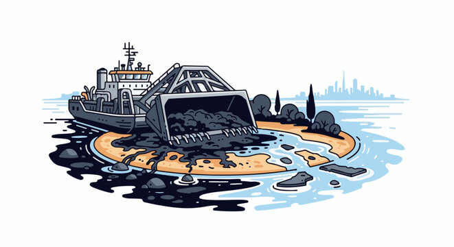 Dredging ship excavates seabed near a sandy shore with oil spill affecting the water
