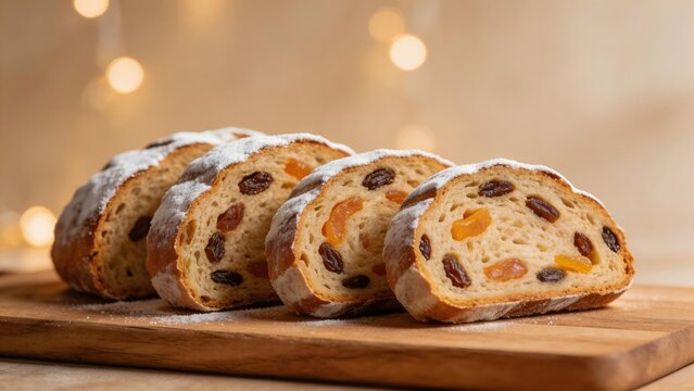 Sliced fruit bread on wooden board