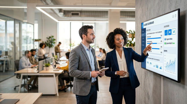 Diverse Business Team Reviewing AI Agent Dashboard in Corporate Office, Artificial Intelligence Enterprise Automation Technology, Productivity and Collaboration