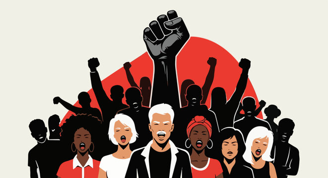 Diverse group of people protest with raised fists