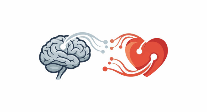 Digital connection linking a human brain to a stylized heart