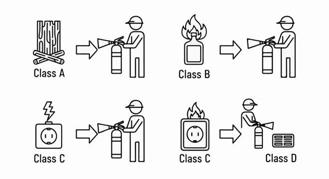 Fire extinguisher classes solids, liquids, electricity, metals