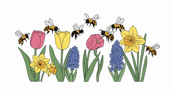 Colorful spring flowers with busy bees pollinating on a white background
