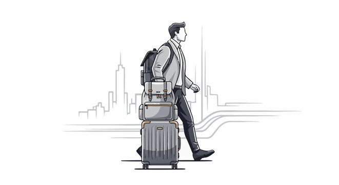 Man with luggage walks by abstract city skyline