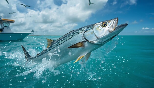 A wahoo leaps from the turquoise ocean water during a fishing expedition showcasing its vibrant colors