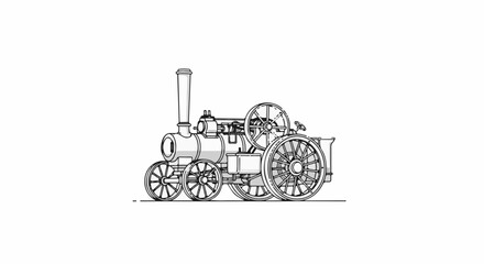 Obraz premium Detailed line drawing of a historical steam-powered traction engine with large rear wheels