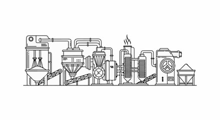 Fototapeta premium Industrial processing plant with complex machinery, pipes, and output