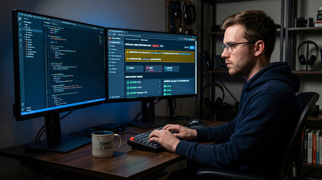 Software Developer with AI DevOps Agent Dashboard on Dual Monitors,
Code Automation Technology in Modern Dark Workspace, Programming Artificial Intelligence Innovation