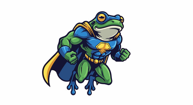 Muscular green frog dressed as a superhero in a cape and mask