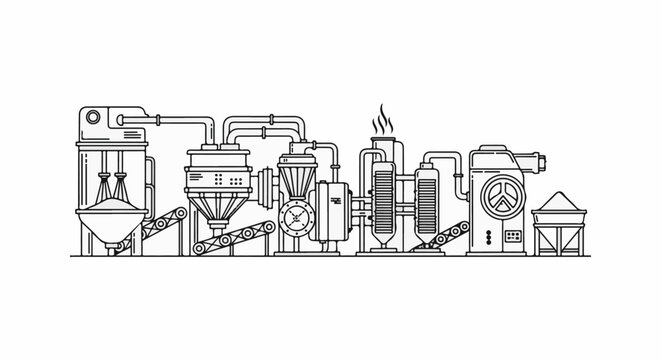 Industrial processing plant with complex machinery, pipes, and output