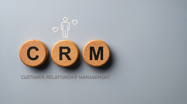 Three natural wood discs spelling CRM with a person icon and floating hearts above, representing customer relationship management concept.