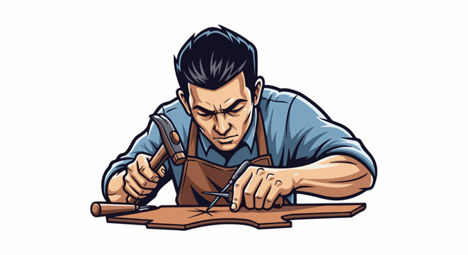 Craftsman diligently works on a leather piece with hammer and awl