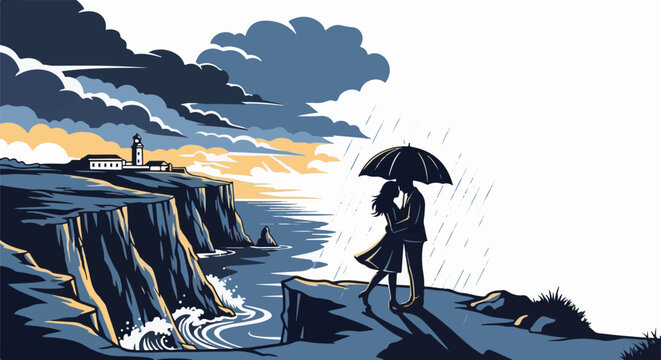 Couple embraces under an umbrella on a cliff overlooking the sea, with a lighthouse in the distance