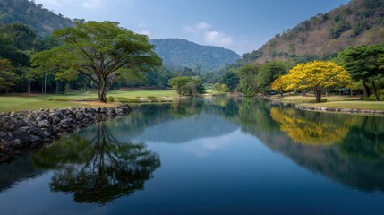 Fototapeta premium Tranquil lake surrounded by lush greenery and vibrant trees reflecting in calm water under blue sky and gentle mountains